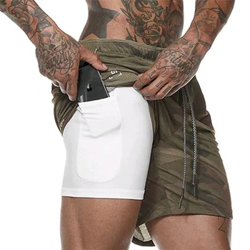 

New Mens Double layer Phone pocket Running Shorts Gym Fitness Training Quick Dry Beach Short Man Summer sports Workout Crossfit