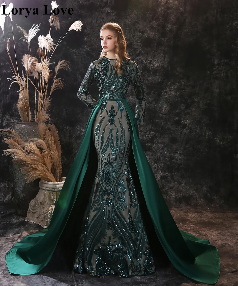 

Mermaid Sequin Evening Dresses 2020 Green Prom Gowns Women Formal Robe De Soiree Muslim Long Sleeves Saudi Arabia Evening Dress