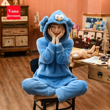 

Vana Javeasen Women Pajamas Set Ear Hoodie Cartoon Sleepwear Set Women Nightwear Warm Flannel pijama Tops Pants 2pcs Pajamas