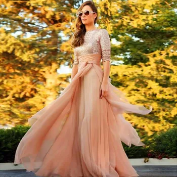 

Bling Rose Gold Sequined Champagne Chiffon Long Sleeve Evening 2018 New Arrival Robe de soiree Prom mother of the bride dresses
