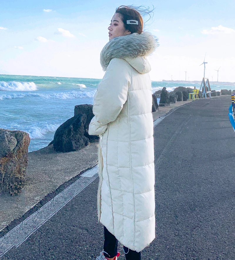 Высококачественная зимняя куртка женская с капюшоном из искусственного меха корейский стиль Женский длинное пальто свободная стеганая Верхняя одежда теплое пальто
