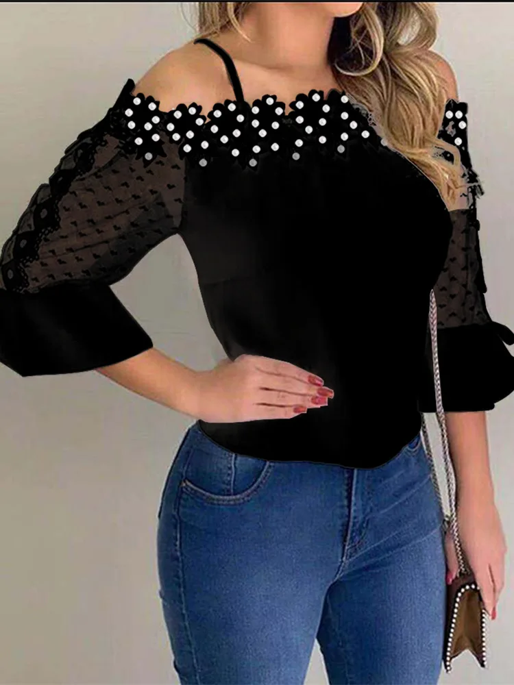

Lace Applique Cold Shoulder Blouse Autumn Women Elegant Casual Shirt Female Fashion Basic Solid Top