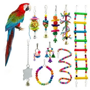 

10PCS Bird Swing Chewing Toys Parrots Chewing Hanging Perches with Hammock Bell Toys for Parrot Lorikeets Birds