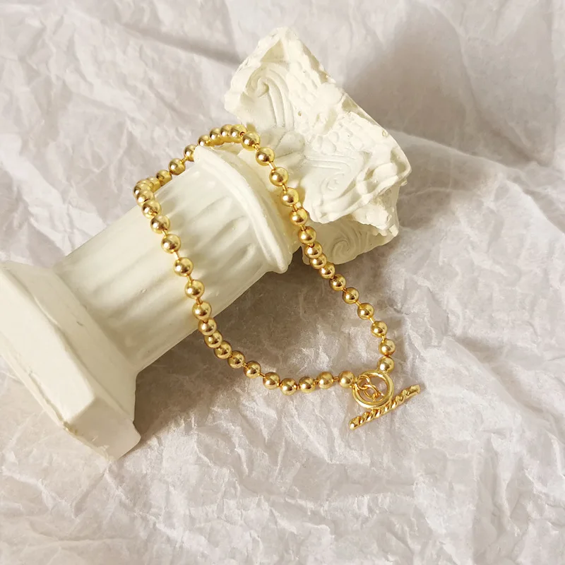 

Leouerry 925 Sterling Silver Golden Round Bead Chain Bracelet Korean Style Minimalist Wild Bracelets for Women Charm Jewelry