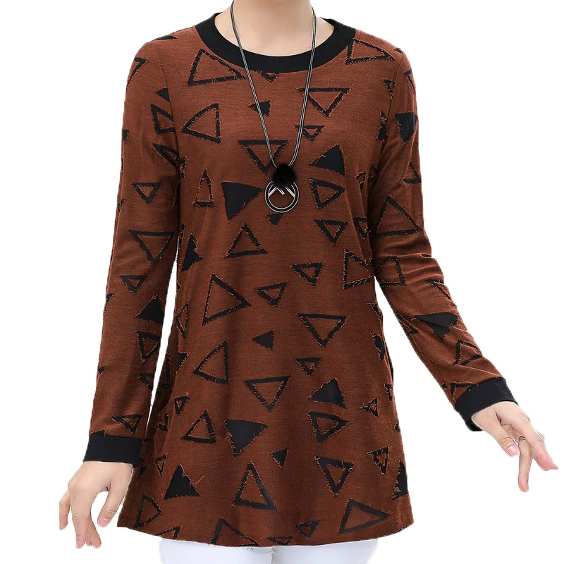 

Women Casual Blouses Autumn Gray Green Triangle Pattern Round Collar Long Sleeve Basic Tops Female Comfort Bottoming Shirts 2019