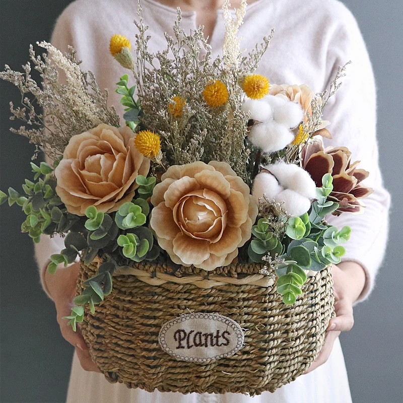

Pastoral Dried Flower Cotton Rattan Straw Flower Basket Ornaments Home Livingroom Fake Flower Pot Figurines Decoration Crafts