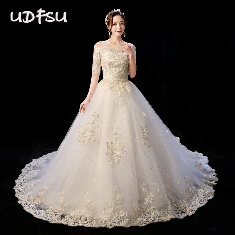 UDFSU Vrouwen Boothals Half Mouw Trouwjurk Applicaties Vintage Tulle Baljurken Lace Ruglooze Elegant Wedding Gown UDFSU Vrouwen Boothals Half Mouw Trouwjurk Applicaties Vintage Tulle Baljurken Lace Ruglooze Elegant Wedding Gown