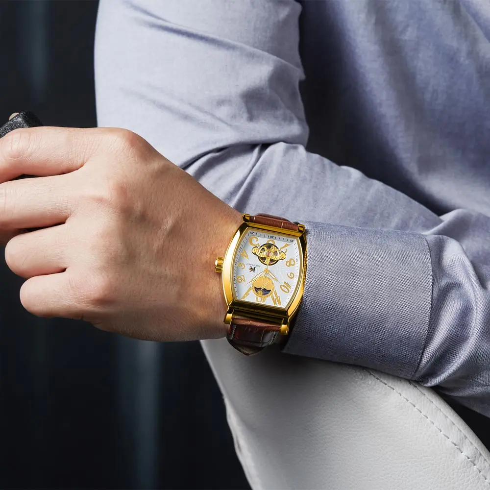 Мужские механические часы Moonphase Skeleton с кожаным ремешком, наручные часы с турбийоном для мужчин, мужские часы Sewor