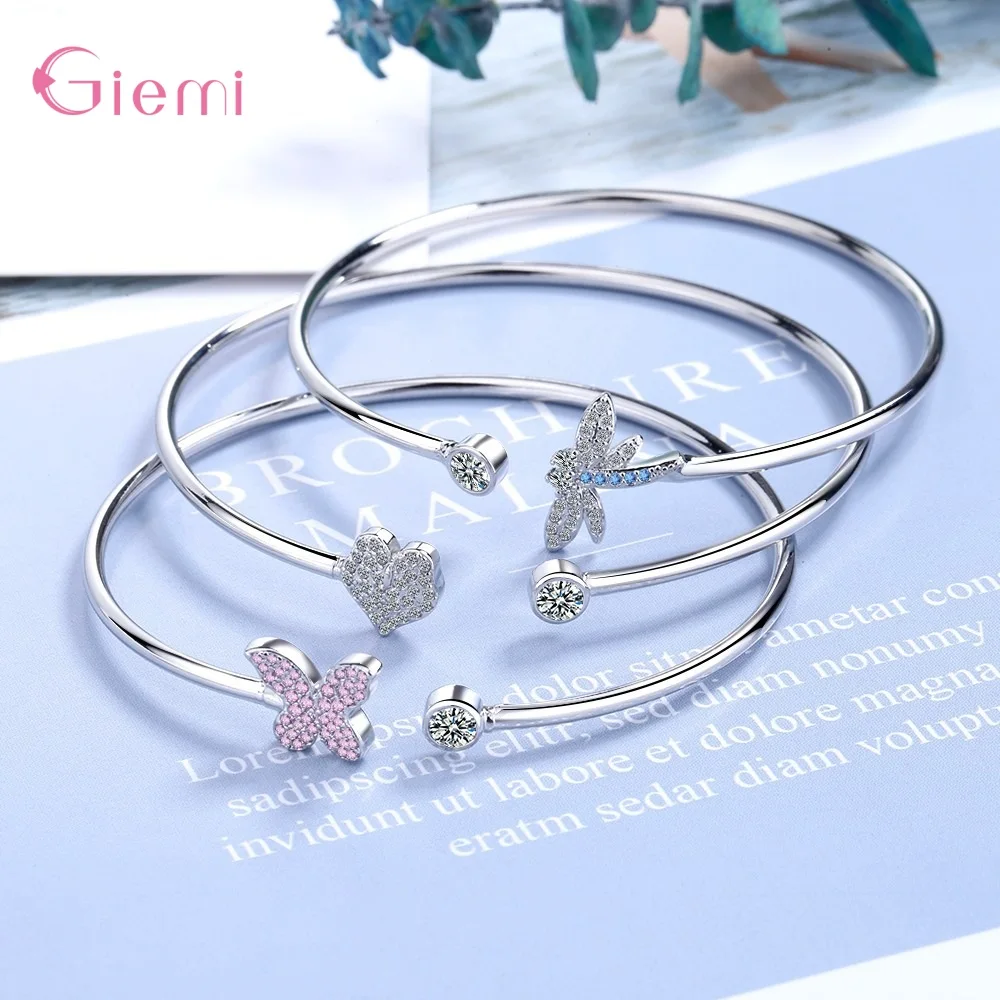 Butterfly Dragonfly Heart Charm Bangles 925 Sterling Silver Bracelets For Women Crystal Cuff Bracelet Zircon Jewelry