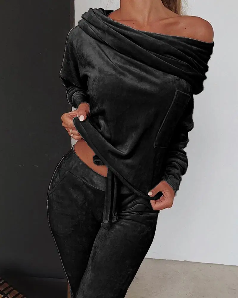 Женский комплект из 2 предметов: топ с открытыми плечами+ брюки, осенне-зимний теплый комплект из двух предметов