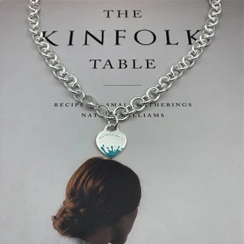 

SHINETUNG 1: 1 925 Sterling Silver Classic Fashion Green Enamel Splash Heart Pendant Necklace Logo Lady Birthday Gift