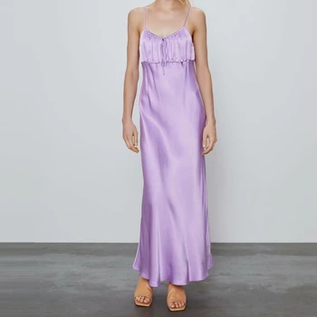 

ZA Satin Dress Women Summer 2020 Adjustable Spaghetti Straps Front Pleat and Tie Female Elegant Evening Party Maxi Dresses