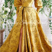 Длинное арабское женское вечернее платье Пышное с длинным рукавом милое с Боковым Разрезом элегантное желтое дамское вечернее платье в Дубае