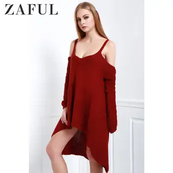 

ZAFUL Cold Shoulder High Low Slip Sweater For Women V-Neck Bate Sleeve Asymmetric Knitwear Bate Sleeve Chunky Female Pullovers
