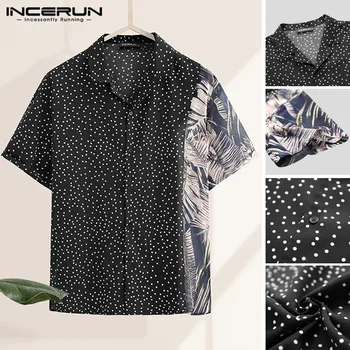 

INCERUN 2020 Summer Men Casual Polka Dot Patchwork Shirt Lapel Short Sleeve Button Camisa Fashion Hawaiian Shirts Streetwear 5XL