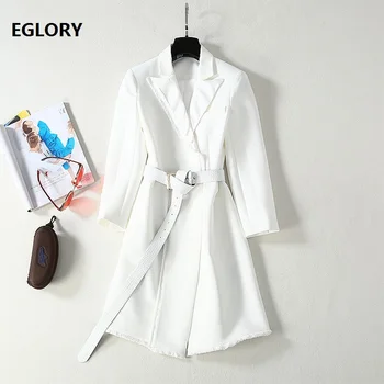 

High Quality Work Dress 2020 Spring Business Women Notched Collar Belt Patchwork Long Sleeve Black White Long Blazer Dress OL