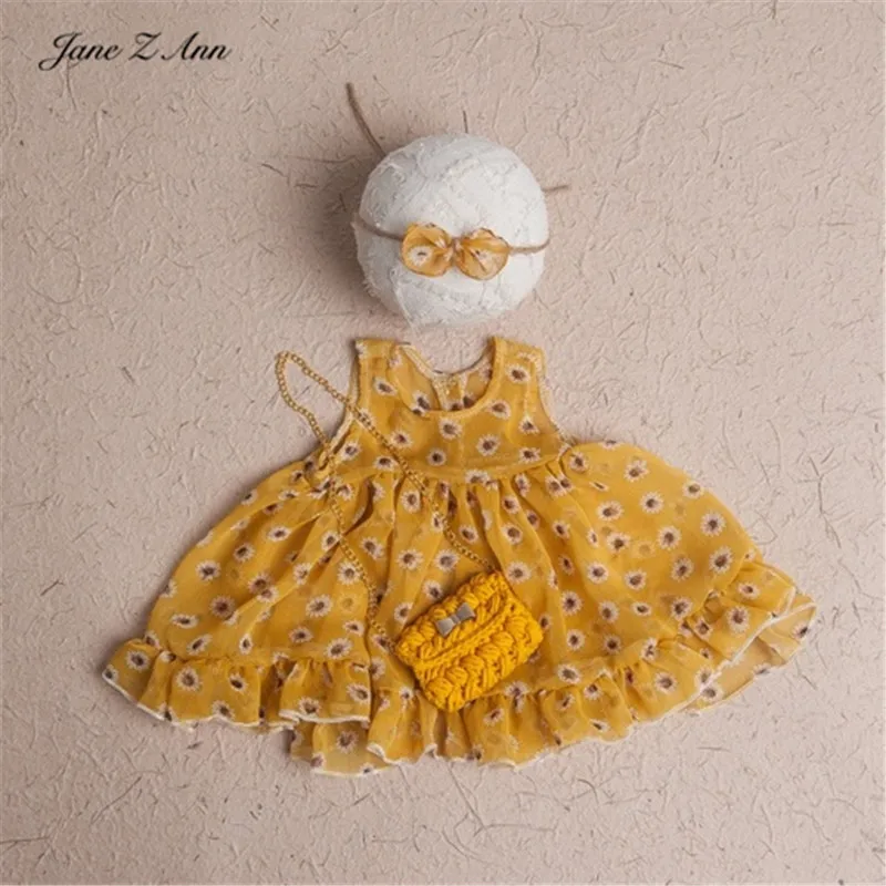 Jane Z Ann/Аксессуары для детской фотосъемки для новорожденных девочек, летнее платье с цветочками+ повязка на голову+ сумка, комплекты для студийной съемки