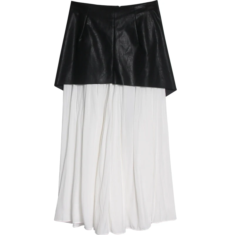 Новое поступление из искусственной кожи контрастный цвет черный белый Женская юбка высокая талия шикарные женские длинные юбки женская одежда