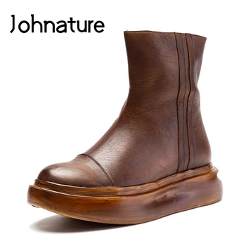 

Johnature Platform Boots Genuine Leather Women Shoes Zipper 2020 New Autumn Winter Sewing Round Toe Solid Color Ankle Boots