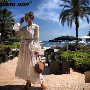 

LINGHAN Vacation Embroidery Long Dress Women's Elegant Floral Flare Sleeve Party Dresses Designer Autumn New Female