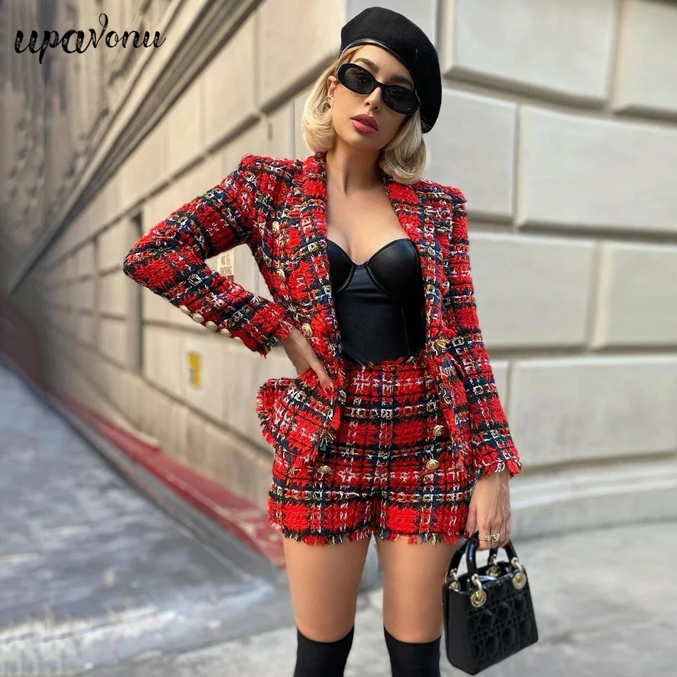 Spedizione gratuita 2021 nuove donne Blazer scozzese rosso Set risvolto  manica lunga giacca Slim e pantaloncini a vita alta Set Plaid elegante in  due pezzi _ - AliExpress Mobile