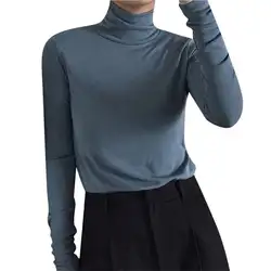 Винтажная водолазка с высоким воротником, с длинными рукавами, Однотонная футболка, женский тонкий пуловер, повседневные топы уличного