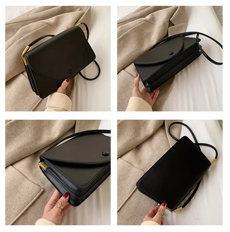

2019 Winter New Style WOMEN'S Bag Retro Shoulder Trapezoid Square Sling Bag Solid Color Semicircle Flap Bag