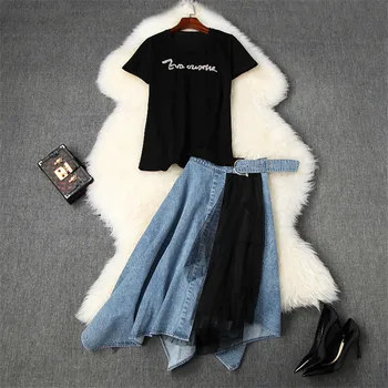 

2020 Fashion New Summer Streetwear Women Short Sleeve Diomands Black Top and Denim Skirt Suit matching Set Lady Outfits