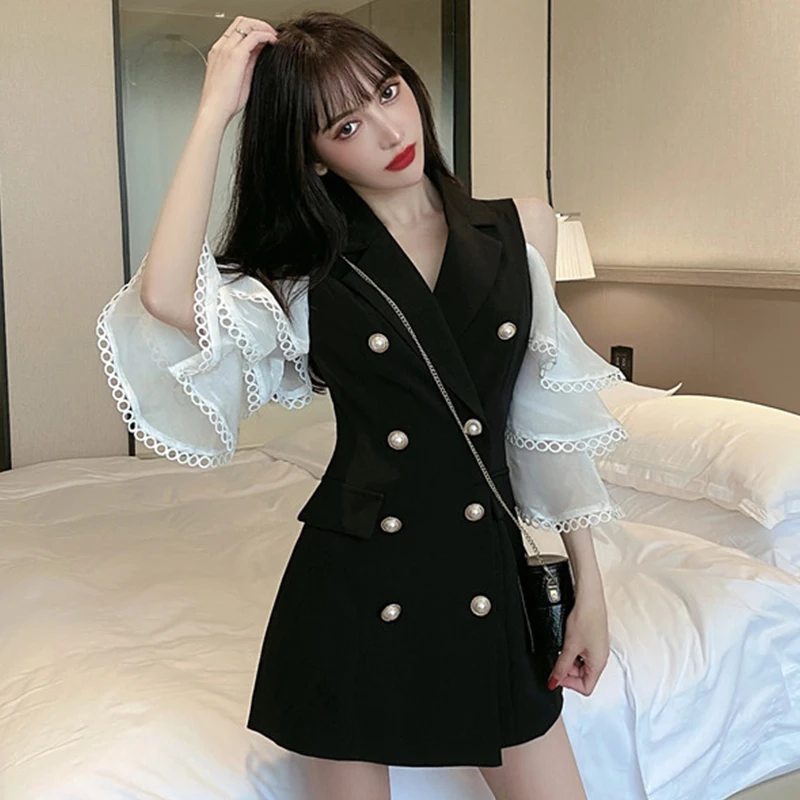 

OUSHANG Double Breasted Blazer Notched Light Ripe Wind Trumpet Sleeves off-the-Shoulder High-Waisted Lapel Collar Blazer Women