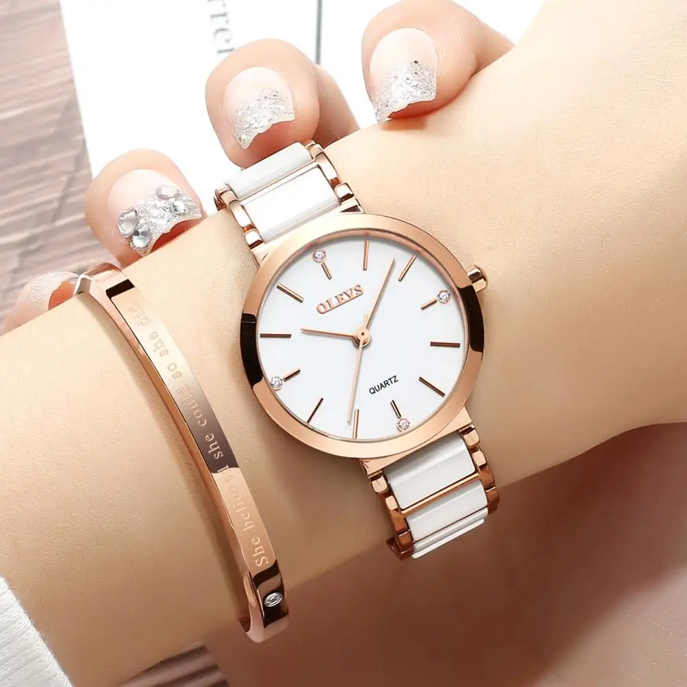 OLEVS-Reloj de cerámica de cuarzo para mujer, pulsera de marca de lujo, resistente al agua, con fecha, regalo