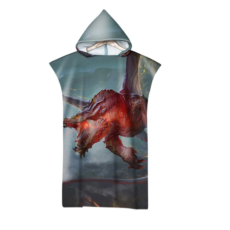 Microfiber Hood Beach Towel Swimsuit Dragon Printed Changing Robe Absorbent Surf Poncho Hooded Bath Towels for Adult Beachwear
