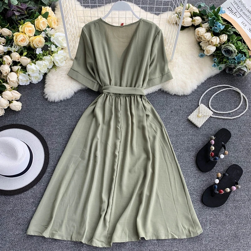 2020 Spring V Neck Summer Bandage Midi Long Dress Vestido De Festa Party tunic dress Women Casual Elegant High Waist Vestidos