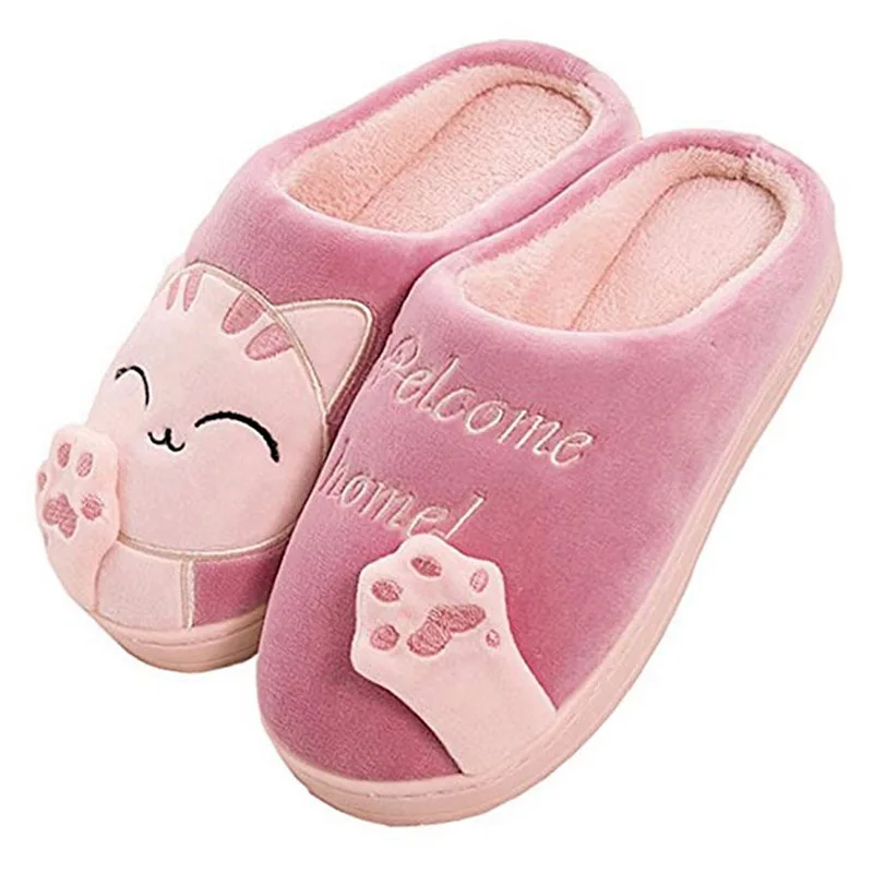 MoneRffi Dropshipping Women Winter Home Slippers Cartoon Cat Shoes Soft Winter Warm House Slippers Indoor Bedroom Lovers Couples - Цвет: Red