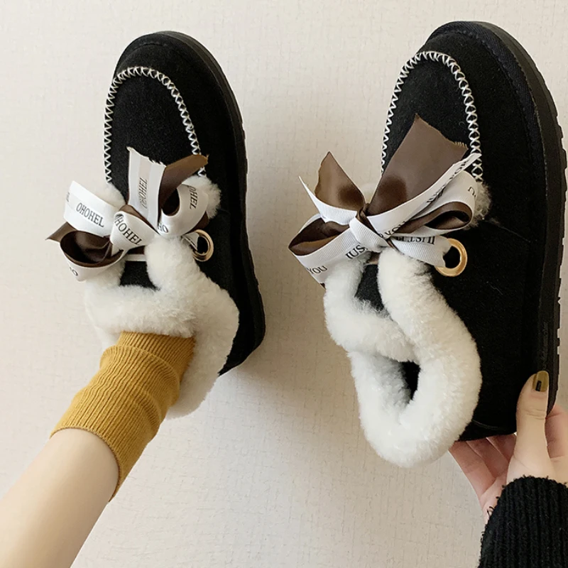 bow-knot Зимняя повседневная женская обувь; теплые меховые удобные кроссовки на шнуровке; женская обувь на плоской подошве с Плюшевым Мехом; женская теплая обувь; scarpe donna - Цвет: bow-knot