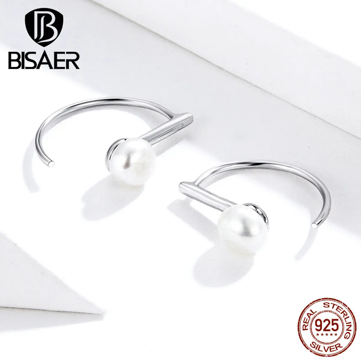 Свадебные серьги BISAER 925 пробы серебряные геометрические жемчужные серьги-гвоздики для женщин Роскошные ювелирные изделия ECE604-A