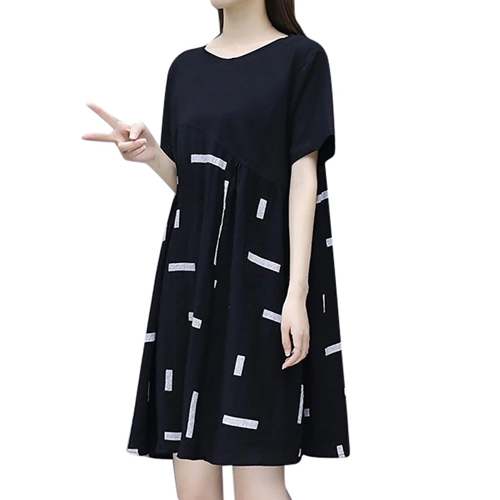 Women knee Length Short Sleeve Splicing Round Collar Dress Spring Casual Fashion Solid Loose Daily Straight Draped | Женская одежда