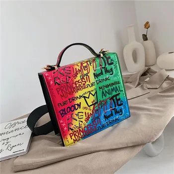 

New 2020 Trend Women's Designer Letter Printing Colorful Graffiti Shoulder Bags Square Crossbody Handbag Purses Tote For Women
