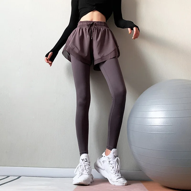 

Fake Two-Piece Fitness Trousers Women's High-Waist Elastic Tight Running Pants Quick-Dry Sports Pants Autumn Yoga Pants Slim
