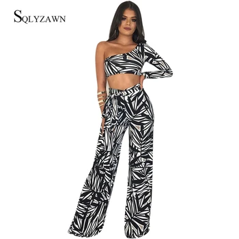 

Sexy One Shoulder White Black Print Bodycon 2 Piece Set Women Long Sleeve Crop Top Wide Leg Pants Matching Beach Holiday Outfits