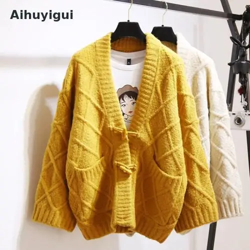 

Aihuyigui 2019 Winter Warm Thick Sweater Coat Cardigans Women Knit Jacket Coat Open Stitch Horn Buckle Yellow Knit Hs681
