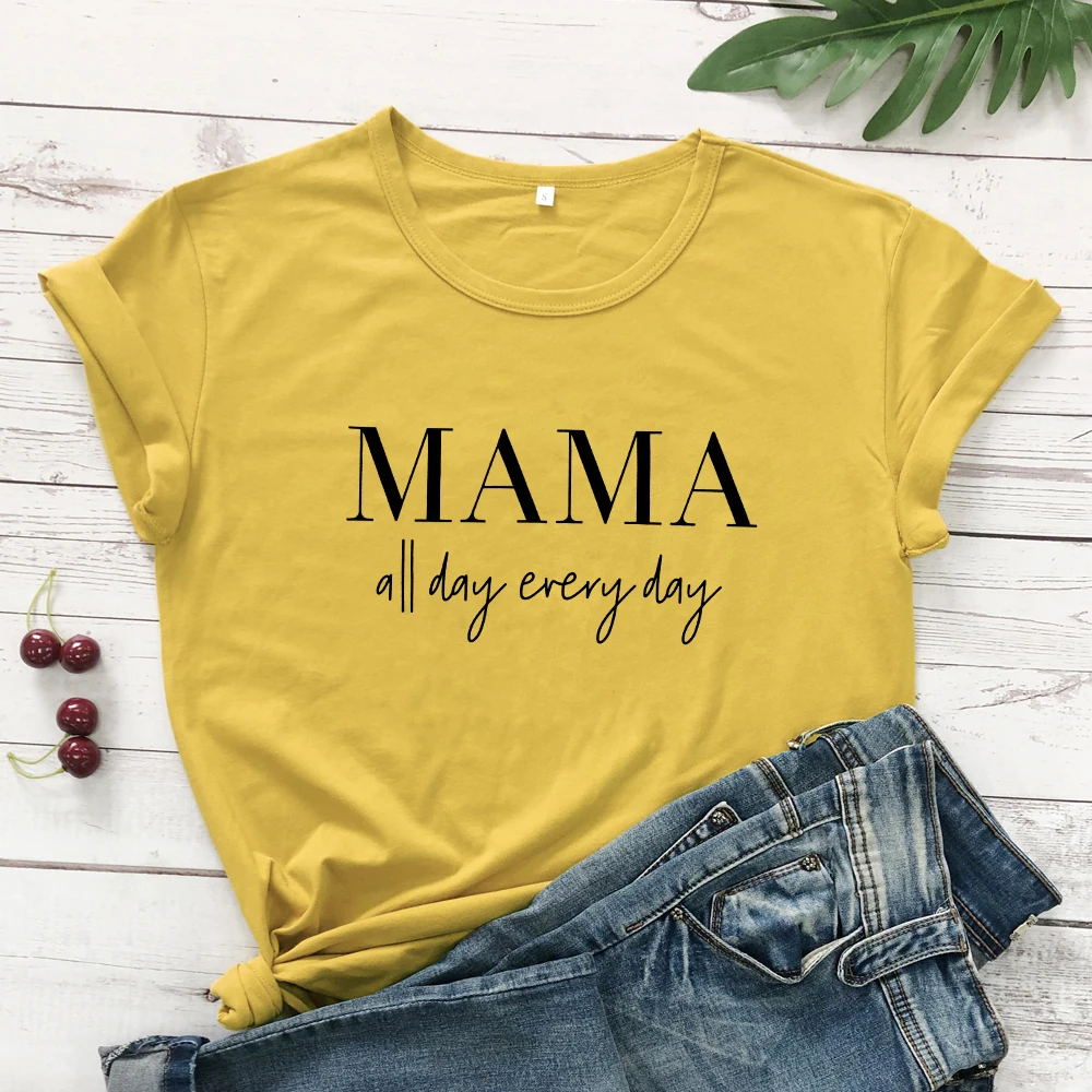 mustard-black text MAMA All Day each футболка смешная женская из чистого хлопка Tumblr мама жизнь, подарок футболка Повседневная С буквенным принтом слоган футболки топы размера плюс - Цвет: mustard-black text