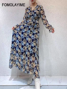

2020 Women Dresses High Fashion V neck Leaf Print Long Dress