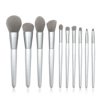 

10 Pcs Multifunction Silver Fashion Wooden Handle Makeup Brush Foundation Liquid High Gloss Blush Eyeshadow Lip Tool