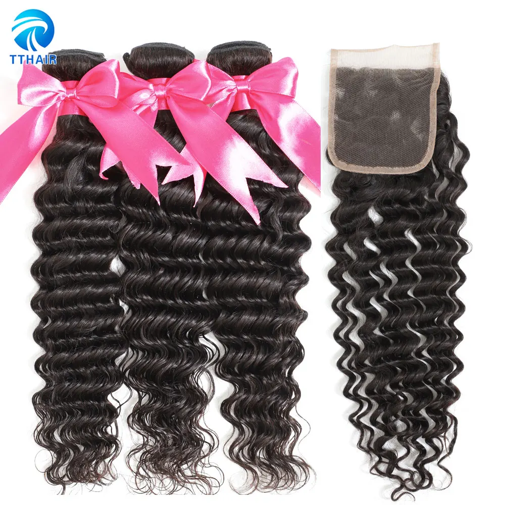 

TTHAIR Deep Wave Bundles with Closure Brazilian Hair Weave Bundles with Closure Human Hair Closure with Bundles 4x4 Closure Remy