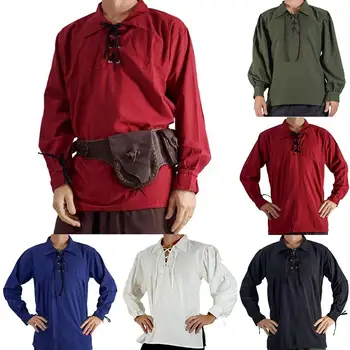 

Medieval Shirt Men Autumn Solid Color Steampunk Linen Shirts Men Top Lace Up Lapel Long Sleeve Shirts Costume Mens Shirts Top
