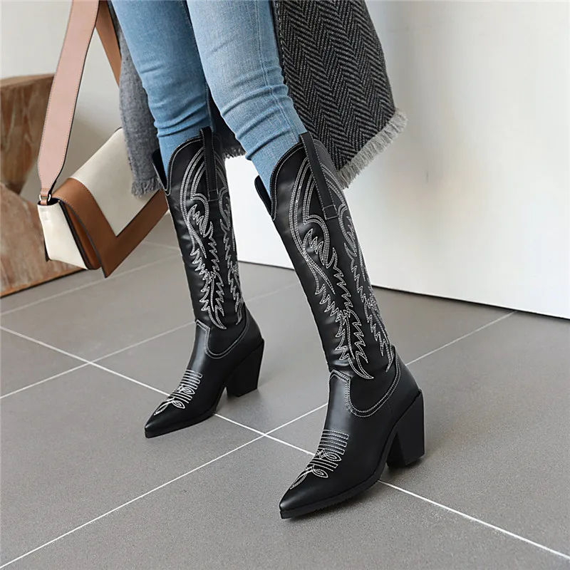 MoonMeek/ сапоги до колена размера плюс 33-47 модная женская обувь на высоком каблуке однотонные черные женские сапоги из искусственной кожи с острым носком