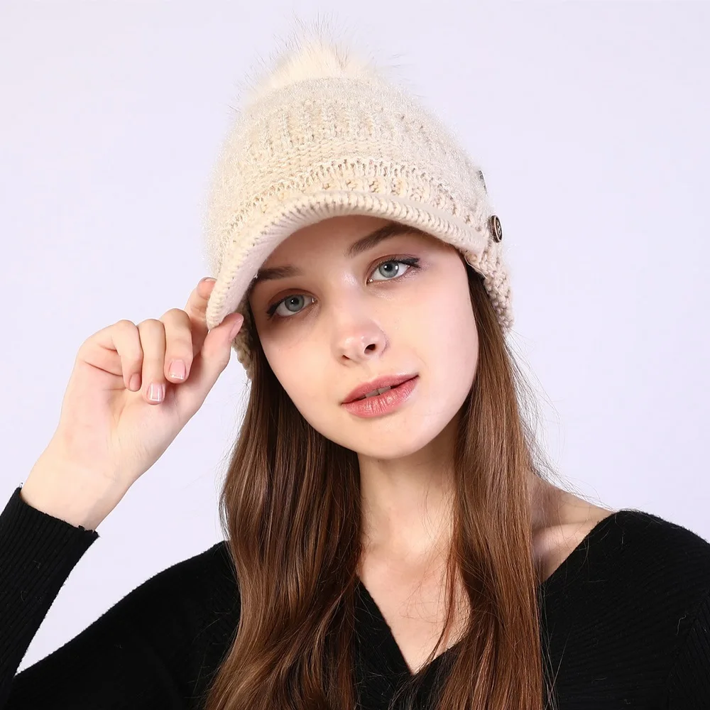 Autumn And Winter Female Warm Hat Beanies Cap With Visor Women Skullies Acrylic Button Hairball Plus Velvet Warm Soft Knitting 5