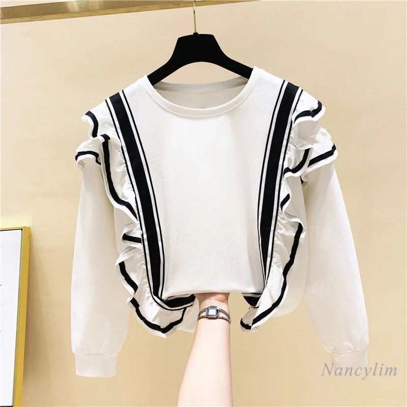 

Female Hoody Ruffled Contrast Color Round Neck Pullover Sweat Shirt Women's 2020 Spring Autumn New Korean Style Loose Hoodies