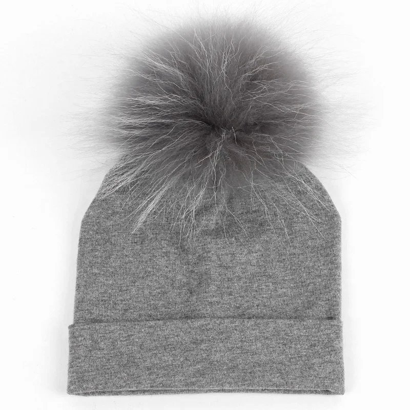 Мягкие теплые хлопковые шапочки Skullies Beanies для новорожденных мальчиков, Детские хлопковые шапочки с помпоном из натурального меха для девочек - Цвет: Dark Grey Dark Grey