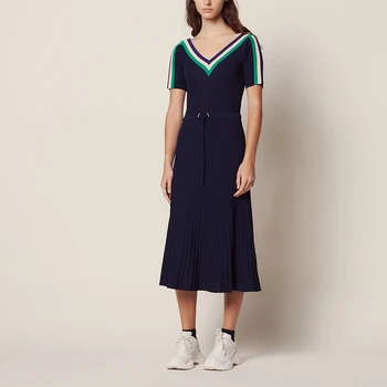 

Runway Sexy V Neck Women Wrap Lace Up Dress Striped Female Summer Knitted Long Dress Elegant Ladies Summer Bodycon Maxi Dress